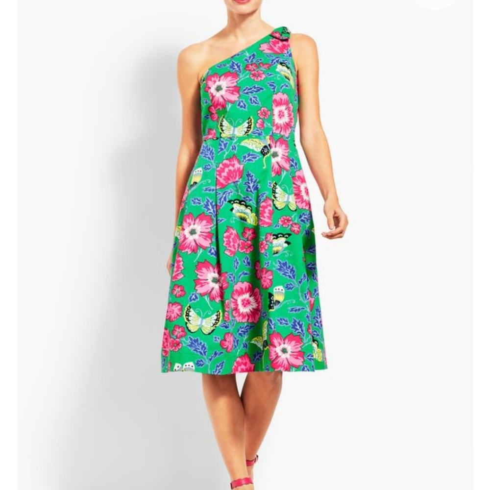 RSVP by Talbots Women's One Shoulder Fit and Flare Dress Size 2p Green Flora